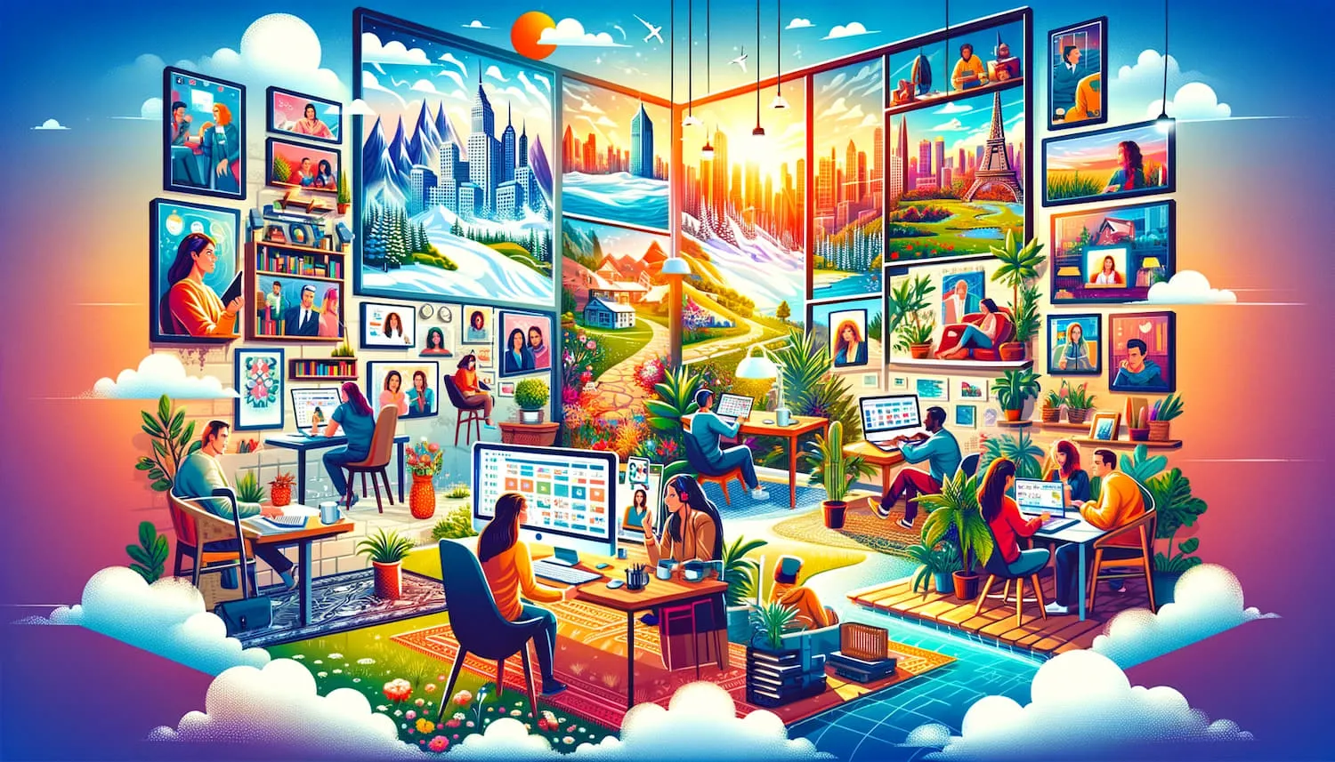 Remote team collaborating in a virtual work environment