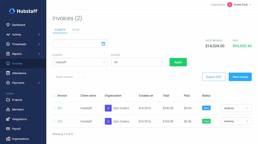Hubstaff dashboard