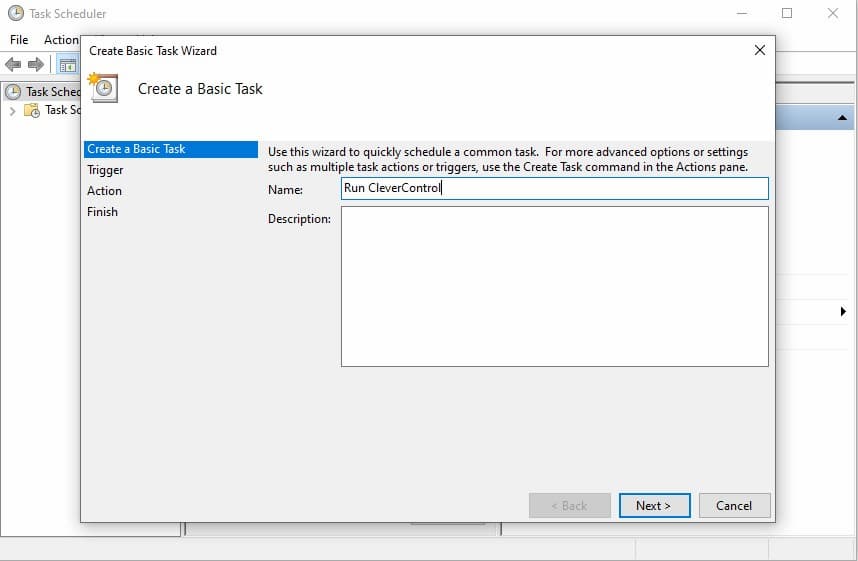 Inserire il nome dell'attività, ad esempio "Esegui CleverControl". Aggiungete una descrizione (facoltativa). Quindi, fare clic su <b>Avanti.</b>