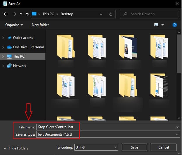 Salvate il file con l'estensione <b>.bat</b>, ad esempio "Stop CleverControl.bat".