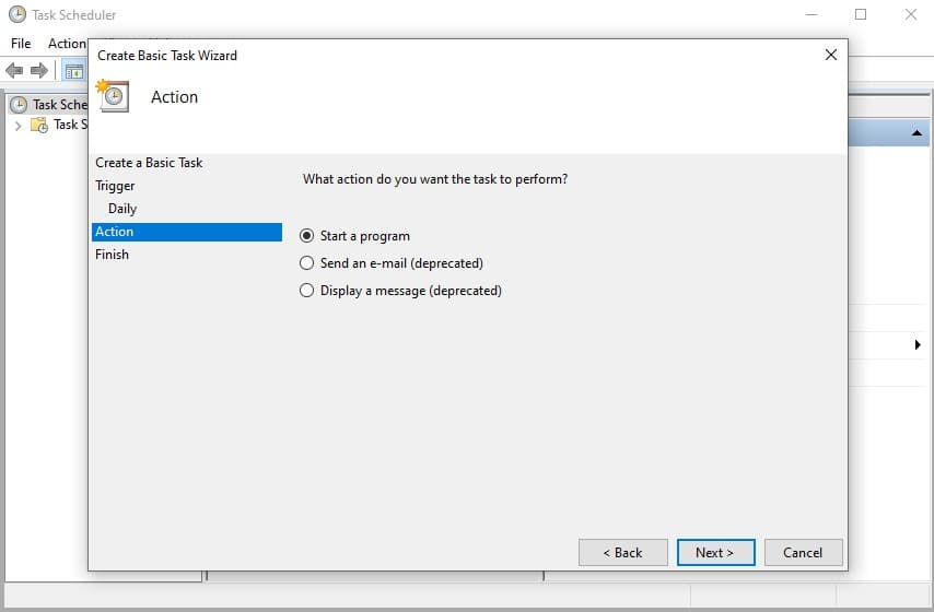 Selezionare <b>Avvia un programma</b> e fare clic su <b>Avanti</b>.