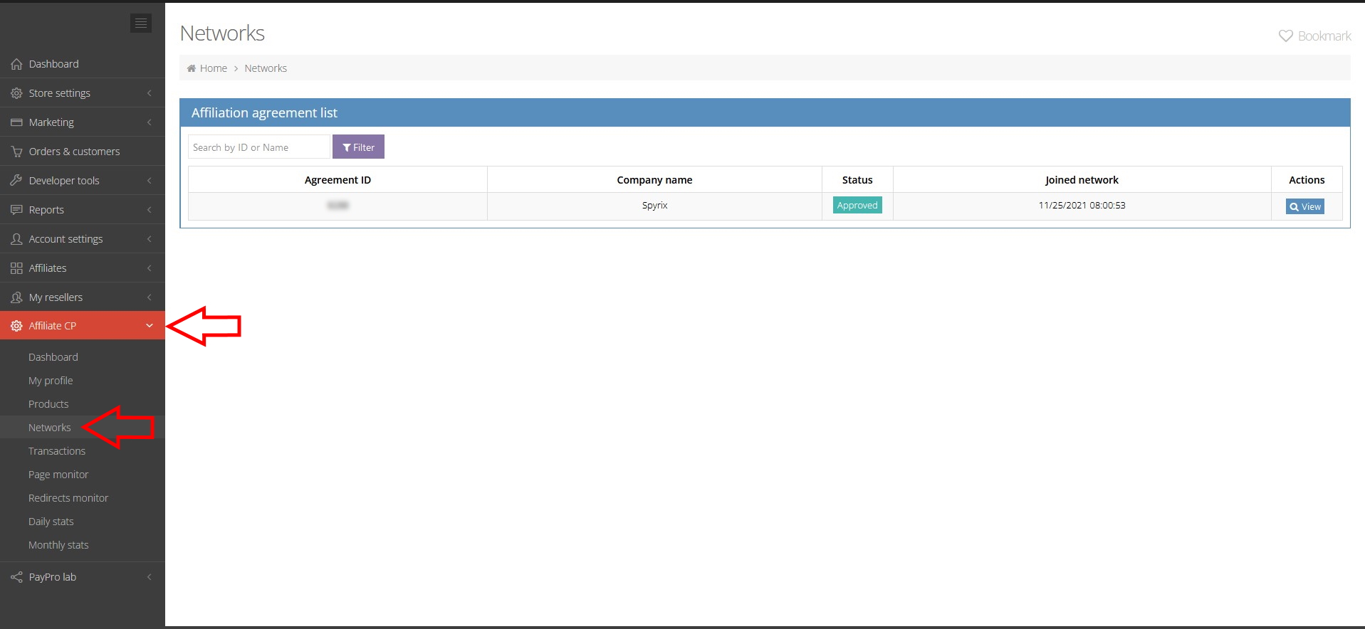 PayPro Global Affiliate CP network tab