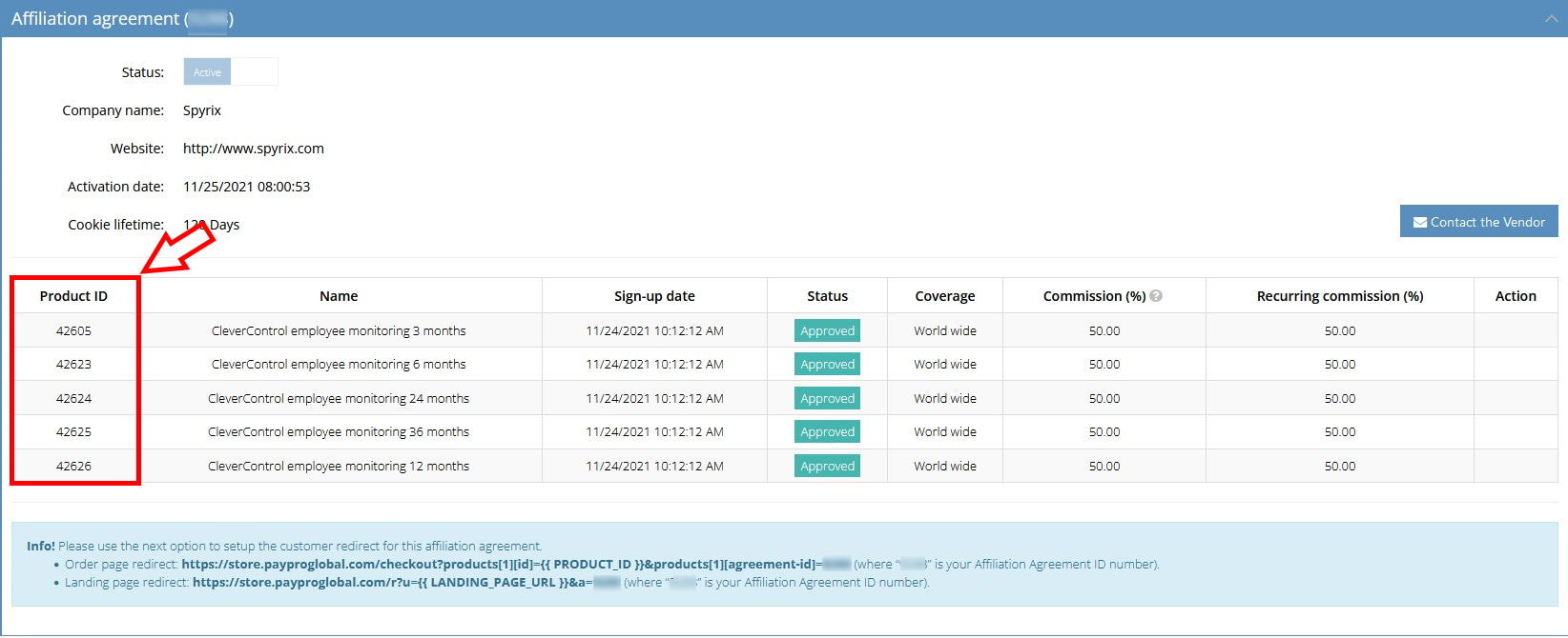 PayPro Global Affiliate CP network tab