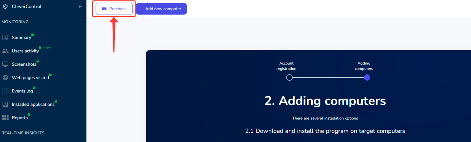 Purchase button on the dashboard