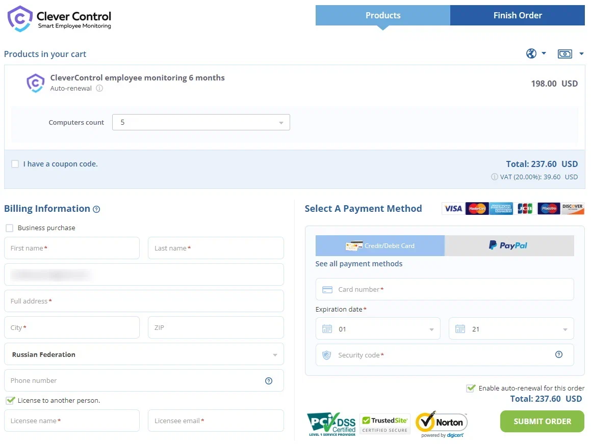 Billing information form