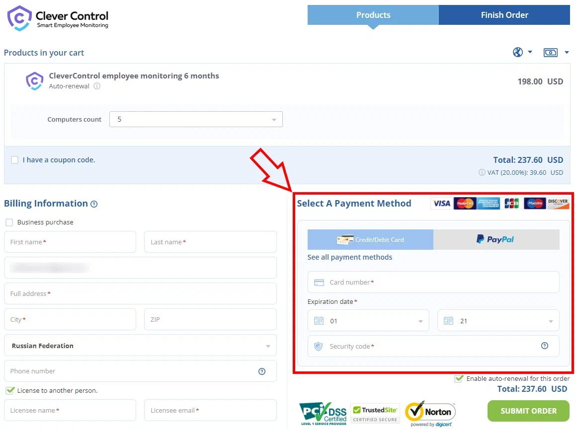 Payment method selection