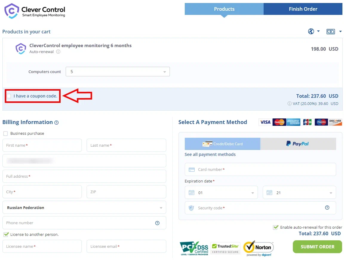 Coupon code field