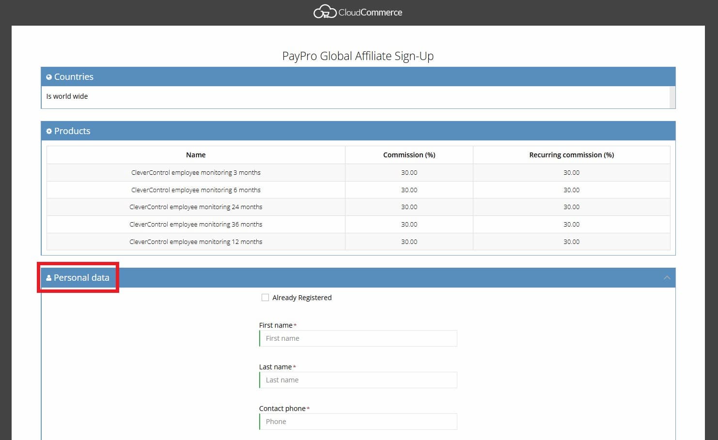 PayPro Global signup form