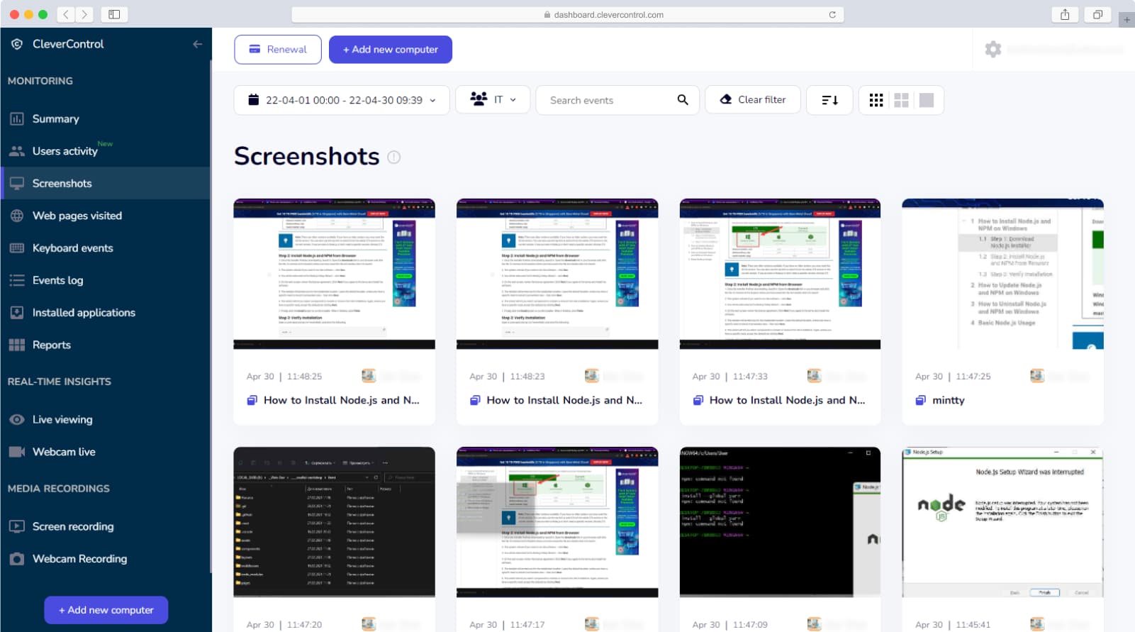 Screenshots section on CleverControl dashboard
