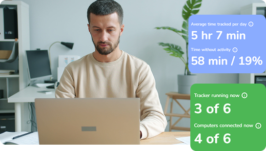 A person working at a laptop with working-time statistics