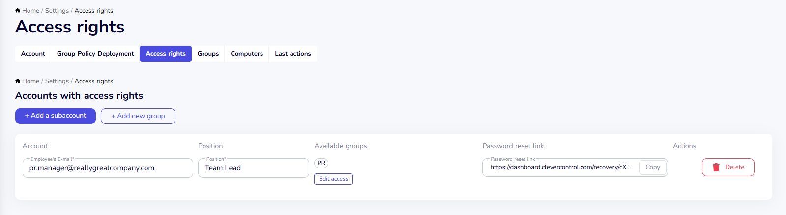 Subaccount settings