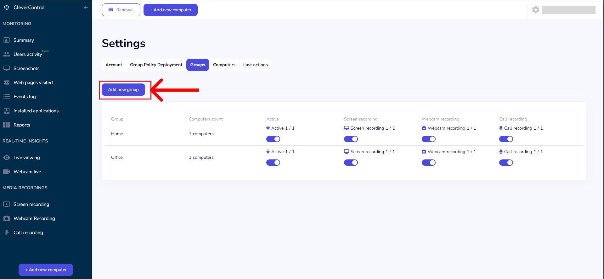 Settings - Add new group