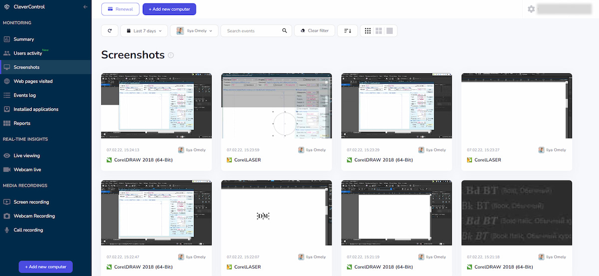 CleverControl dashboard with screenshots section