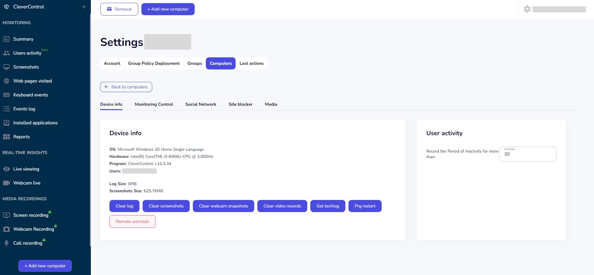 Dashboard - device info